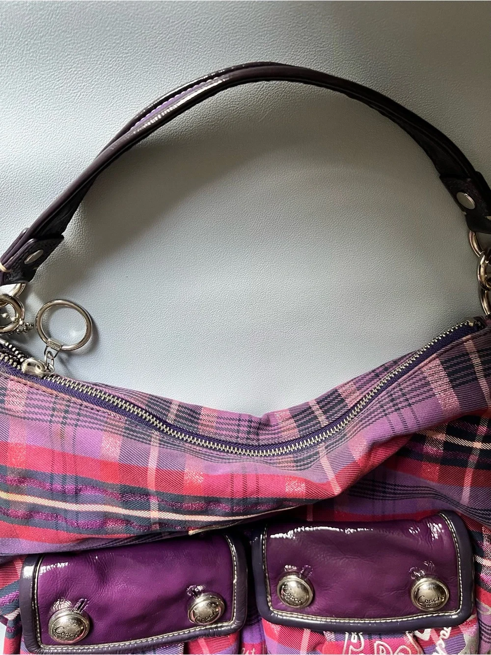 Coach Poppy Purple Pink Black Metallic Tartan Plaid Shoulder Crossbody Hobo Bag